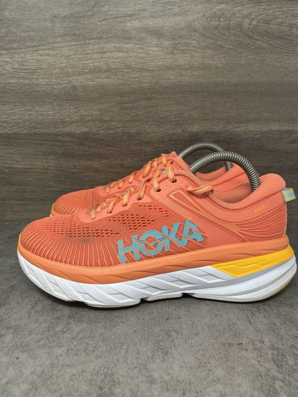 HOKA Bondi 7 Womens Size 7.5 Coral Orange Blue Max Cushion Running Walking Shoes